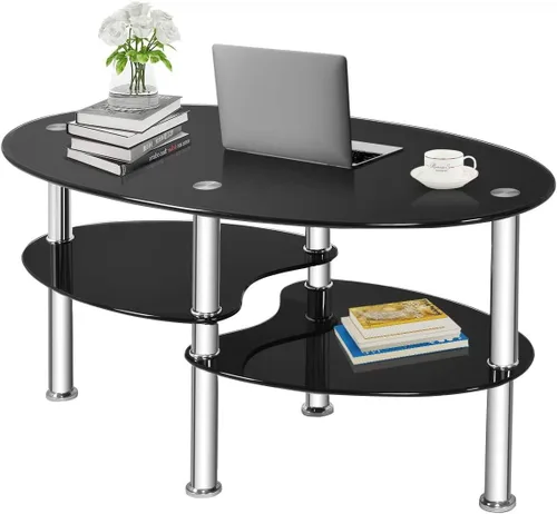 Vista 8 de FANTASK Mesa de centro de vidrio templado, mesa de té ovalada de acero de 3 niveles con amplio escritorio de vidrio, estante de almacenamiento