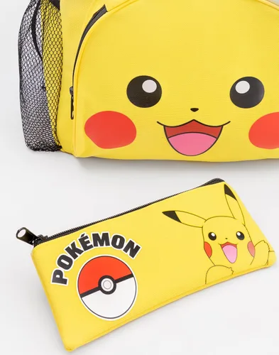 Vista 6 de Pokemon Pikachu - Juego de mochila (4 piezas, estuche para lápices, set de almuerzo, botella de agua, color amarillo)