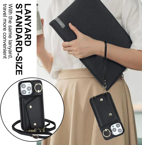 Vista 6 de LUVI Funda para iPhone 11 Pro Max con correa para el cuello, correa cruzada, correa de muñeca, funda protectora con ranura para tarjeta de crédito