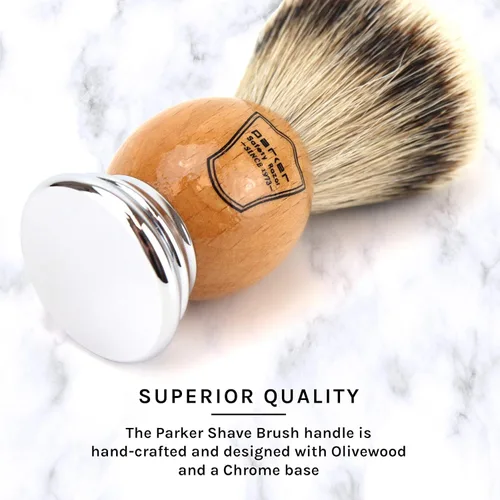 Vista 5 de Cepillo de afeitar Parker 100% Silvertip Badger - Mango de madera de olivo Nudo largo loft de 0.866 in con soporte de resina, cerdas súper suaves