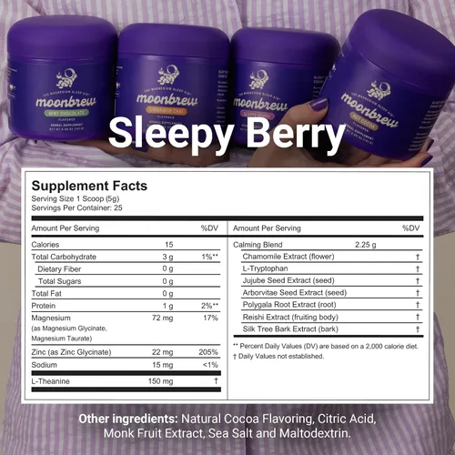 Vista 2 de MoonBrew Batido Nocturno de Magnesio Sleepy Berry, Mezcla de Bebida de Ayuda Natural para Dormir para Adultos - Apoyo Calmante para Dormir Sin