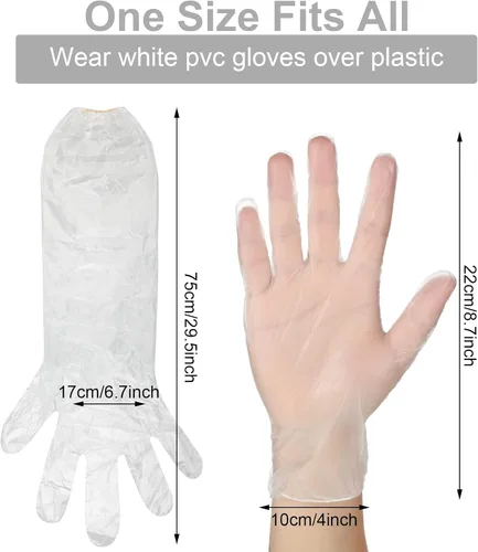 Vista 2 de Honeydak 30 pares de guantes desechables de PVC para caza de ciervos, guantes de limpieza con manoplas largas y cortas Claro