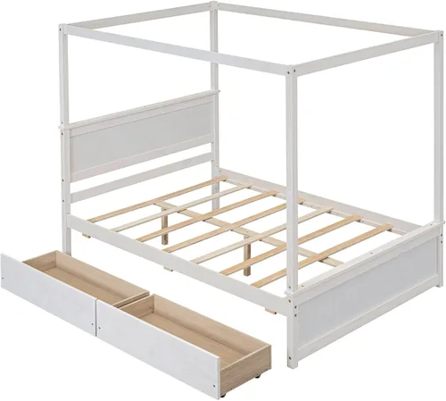 Vista 4 de Cama de plataforma de tamaño matrimonial, cama con dosel de madera con 2 cajones, cama de plataforma con dosel de tamaño matrimonial con listones