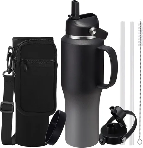 Vista 26 de Botella de agua de acero inoxidable de 32 onzas, frío-48 horas y caliente-24 horas, termo con popote y tapas de boquilla, bolsa, botella aislada al