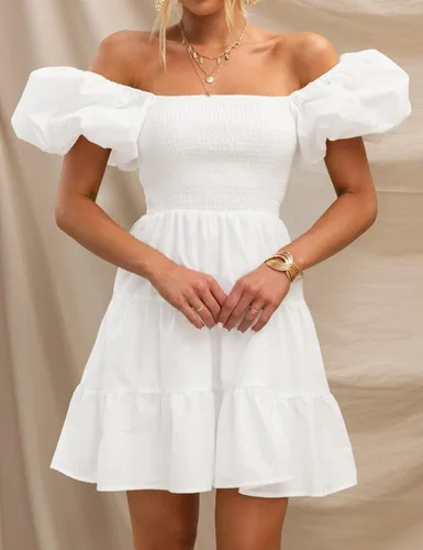 Vista 3 de ZESICA Vestido corto bohemio de verano para mujer, con cuello cuadrado, manga abombada, hombros descubiertos, fruncido, escalonado, casual