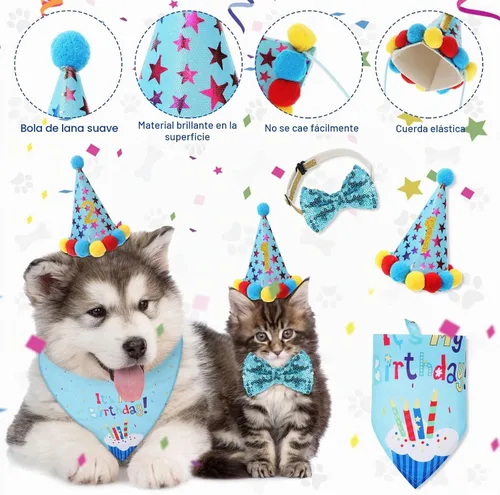 Vista 4 de Weewooday Suministros para Fiesta de Cumpleaños de Perro, Pañuelo de Cumpleaños para Niño y Niña, Bufanda Triangular, Sombrero de Fiesta, Corbata