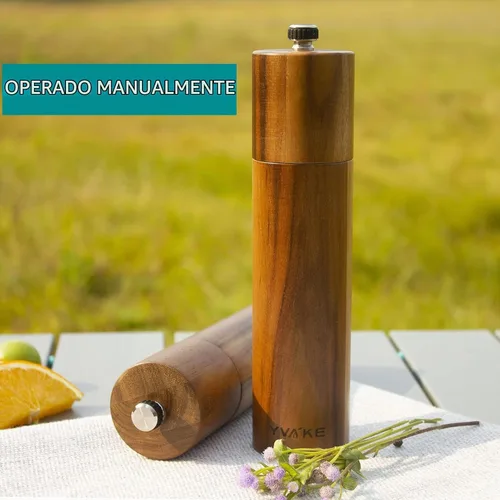 Vista 5 de Molinillo manual de madera para sal y pimienta de 8 pulgadas, molinillo recargable Acacia wood. Ceramic grinding core. Adjustable coarse to fine.