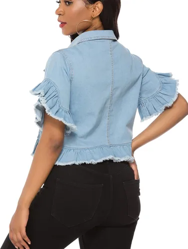 Vista 3 de Suvimuga Chaqueta vaquera con botones y manga con volantes desgastados para mujer