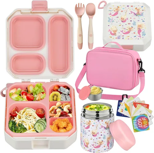 Vista 10 de wiwens - Lonchera Bento para niños con termo de sopa de 12 onzas, contenedor de comida para almuerzo a prueba de fugas con 5 compartimentos, termo