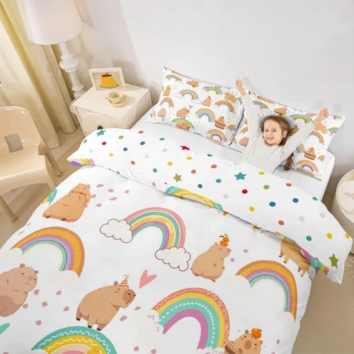 Vista 10 de Erosebridal Capybara - Juego de funda de edredón para dormitorio, 2 piezas, diseño de arco iris, tamaño individual, para niñas, funda de edredón