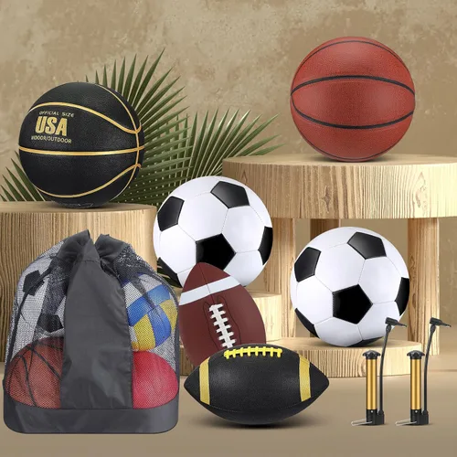 Vista 4 de Sratte Juego de 6 pelotas deportivas para adolescentes y adultos, incluye tamaño oficial de fútbol, fútbol, baloncesto con bomba, bolsa