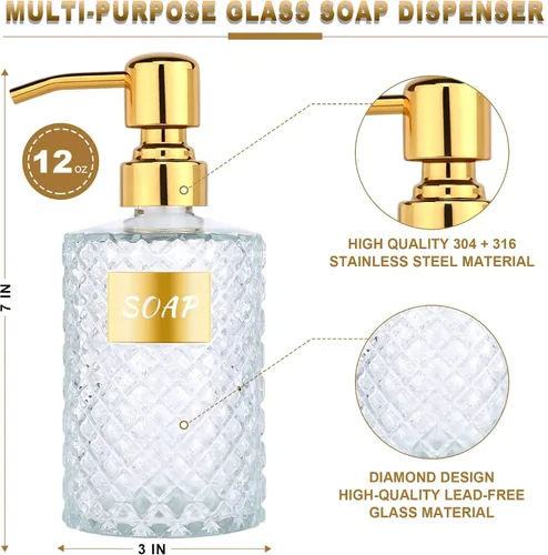 Vista 2 de MOCLIF Dispensador de vidrio de diamante de 12 onzas con dispensador de baño de acero inoxidable 304 dorado para cocina, jabón de manos, jabón