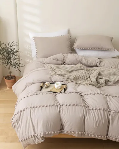 Vista 6 de INFLAG Funda de edredón de tamaño individual con pompones, juego de ropa de cama de microfibra bohemia de 3 piezas, 1 funda de edredón de 66 x 90