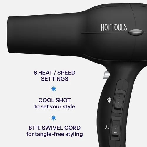 Vista 4 de Hot Tools Pro Artist Turbo - Secador de pelo iónico, 1875 W de alto flujo de aire para secado rápido, diseño ligero, control de encrespamiento