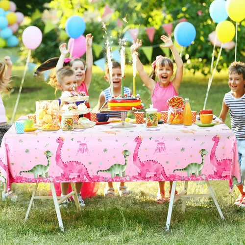 Vista 7 de Irenare 3 manteles de dinosaurio rosa para niñas, fundas de mesa rectangulares desechables de plástico con estampado de dinosaurios para niñas
