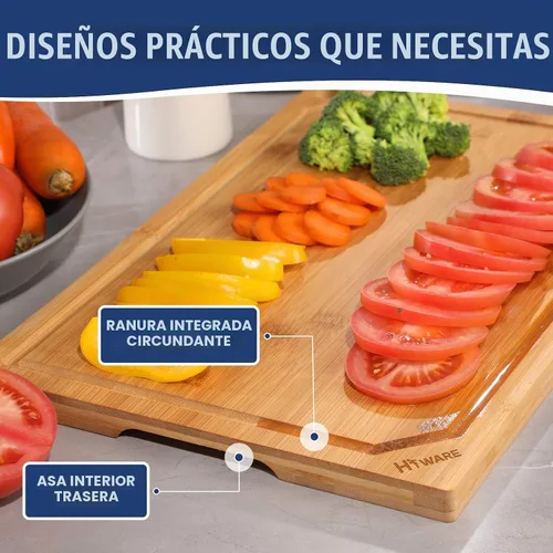 Vista 6 de Hiware Juego de 4 tablas de cortar de bambú extra grandes para cocina, tabla de cortar resistente con ranura para jugos, juego de tablas de cortar