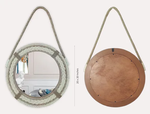 Vista 2 de Espejo redondo náutico costero para sobre el fregadero, decorativo tejido a mano, cola de caballo enmarcada para colgar en el baño, luz de cama