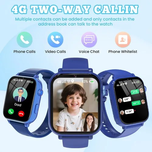 Vista 4 de Reloj inteligente 4G para niños y niñas, reloj inteligente para niños de 4 a 12 años con llamadas, GPS, SOS, videollamada, juegos, cámara, alarma