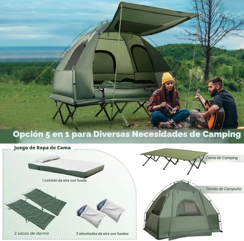 Vista 3 de Tangkula Combo de Catre de Tienda 5 en 1 con Toldo, Colchón de Aire, Saco de Dormir, Almohada, Tienda Individual Elevada con Bolsa de Transporte