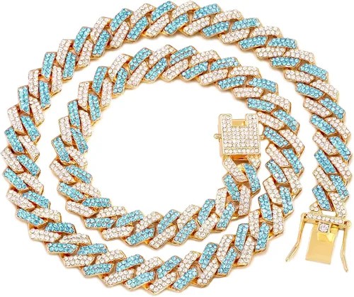 Vista 9 de Collar de cadena dorada para perro, collar cubano de diamantes para caminar, collar de cadena de metal con diseño de hebilla segura, collares