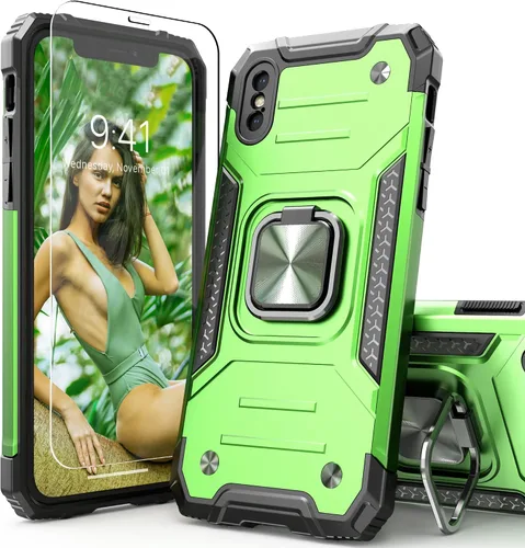 Vista 10 de Funda protectora ligera para iPhone Xs con protector de pantalla, absorción de golpes, resistente a prueba de caídas con soporte para automóvil