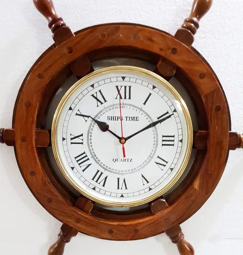Vista 2 de Reloj de pared náutico marino antiguo de 18 "de madera para decoración del hogar