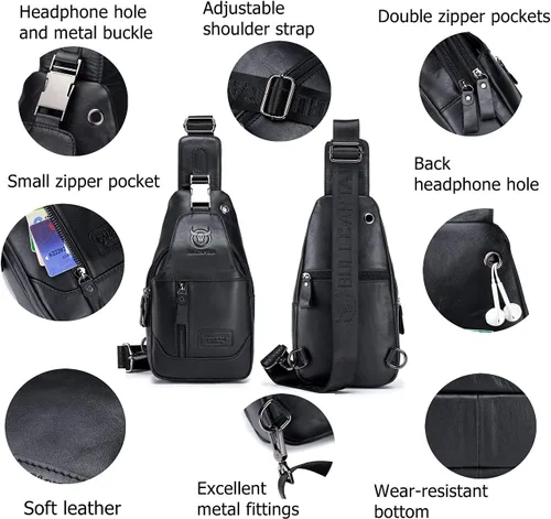 Vista 3 de BULLCAPTAIN Bolso cruzado de cuero genuino para hombre bolsas de pecho para viajes senderismo hombro Negro