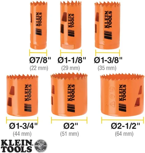 Vista 4 de Klein Tools 31902 Kit de sierra de agujero bimetálica con puntas de eje para cortar acero, paneles de yeso, azulejos de techo, madera, plástico, 8