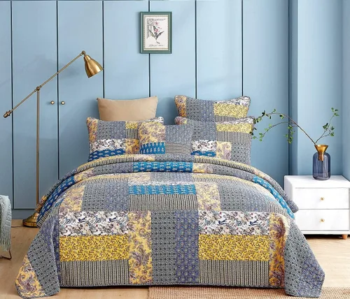 Vista 9 de DaDa Bedding Honey Cove - Colcha de retazos florales – Juego de colcha reversible acolchada de algodón con estampado de cachemira para jardín, casa