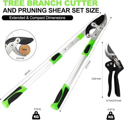 Vista 2 de Juego de tijeras de podar para cortar árboles, mango extensible resistente, 28 a 38 pulgadas, ajustable para ramas de árbol y tijeras de podar
