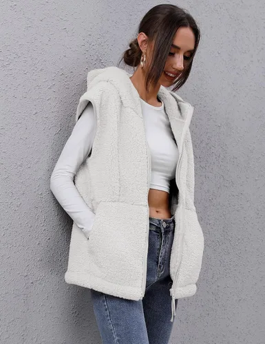 Vista 3 de TFSDOD Chaleco de forro polar sherpa mullido para mujer, acogedor, sin mangas, con bolsillo, chaleco con capucha para mujer, ropa exterior