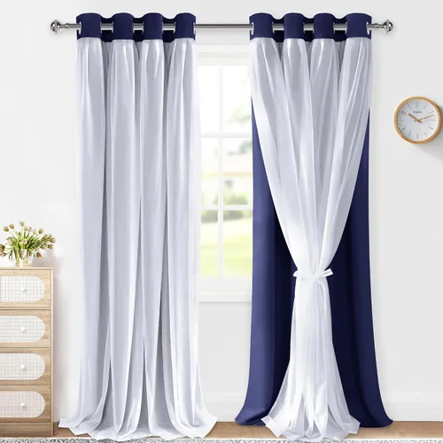 Vista 15 de XWZO Cortinas 100% opacas de doble capa para guardería, cortinas opacas con superposición transparente para dormitorio de niñas, cortinas
