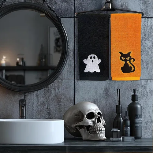 Vista 5 de Sarybei Juego de 2 toallas de baño para Halloween, toallas de mano de gato negro bordado de algodón puro y fantasma, toallas de baño ultra