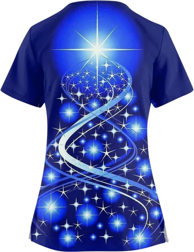 Vista 2 de Camisa de manga corta con estampado de elementos navideños con bolsillos y cuello cruzado para mujer