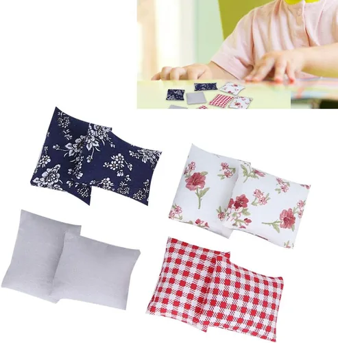 Vista 8 de Almohada de muñeca 1:12, 8 piezas de tela suave, mini almohadas ligeras, modelo de casa de muñecas en miniatura, accesorio de juguete