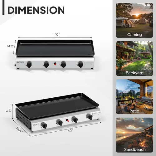 Vista 6 de Bonnlo Plancha de Propano Portátil de 4 Quemadores, 40,000 BTU Plancha de Gas con Bandeja Esmaltada, Plancha de Gas de Superficie Plana Rodante