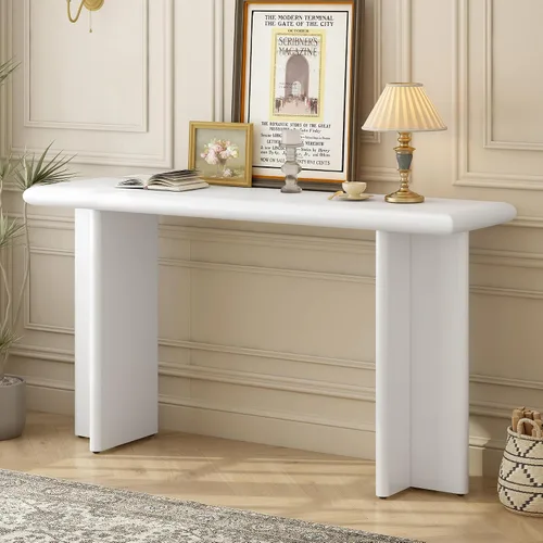 Vista 10 de Mesa consola de madera de 45 pulgadas para mesa de entrada, consola minimalista estrecha retro de granja con madera de mango maciza, mesas de sofá