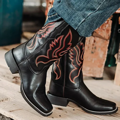 Vista 2 de Palitutu Botas vaqueras para mujer a media pantorrilla, botas vaqueras de cuero para mujer, botas de punta con bordado occidental