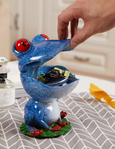 Vista 3 de Plato de caramelo, tarro de galletas, estatuilla de rana, escultura de decoración moderna, regalos de estatua de poliresina, azul, 8.0 pulgadas