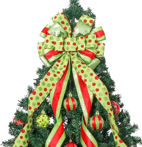 Vista 12 de Adorno de lazo grande para punta de árbol de Navidad y corona, lazo con cinta de poliéster con puntos verdes y rojos, para hogar, Acción de Gracias
