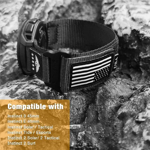 Vista 3 de Abanen Correa Táctica de Nylon Resistente para Garmin Instinct 3 45mm/ Instinct 2 Solar, Correa Deportiva con Bandera de Estrellas y Rayas para Negro