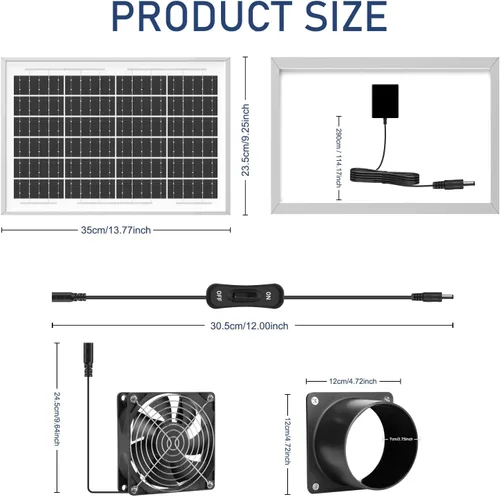 Vista 9 de Extractor solar, ventilador de ventilación de panel solar IP68 impermeable de 20 W, kit de ventilador alimentado por energía solar, ventilador