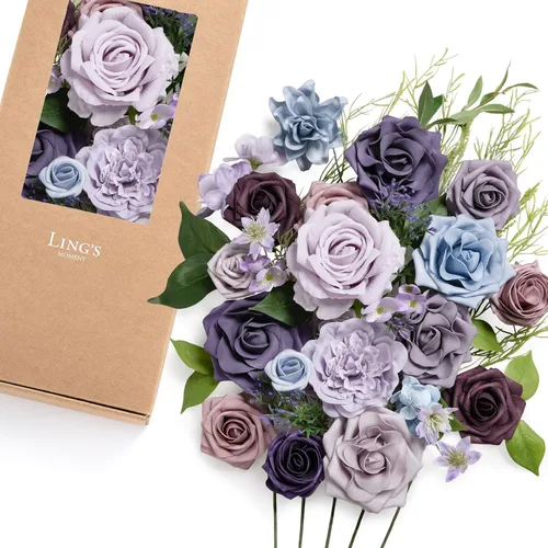 Vista 17 de Ling's moment Caja de flores artificiales, tallos de follaje artificial falso, rosas de espuma, dalia de seda, hierba de pampas, flor de tela