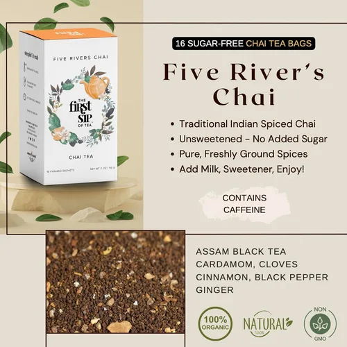 Vista 3 de Five Rivers Chai Tea Bags - Auténtico té negro Chai indio especiado sin azúcar, alto en cafeína, cardamomo, clavo de olor, jengibre, 16 tazas The