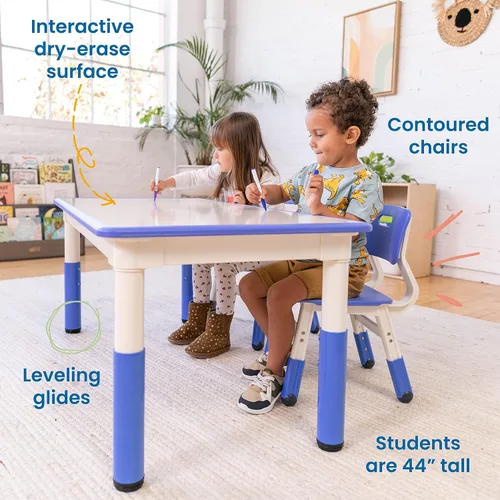 Vista 4 de ECR4Kids Mesa de actividades rectangular de borrado en seco con dos sillas, muebles para niños, azul, 3 piezas