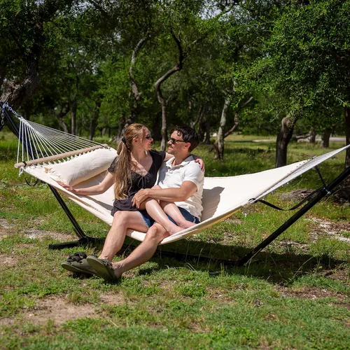 Vista 2 de SUNCREAT Hammocks Hamaca doble extragrande con soporte de 12 pies, capacidad de 475 libras, hamaca portátil al aire libre con barra separadora