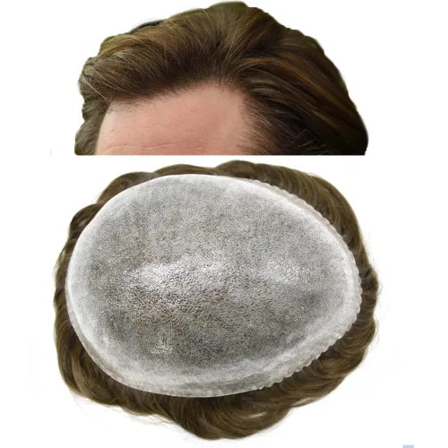 Vista 506 de Toupee para hombre 100% cabello humano real tupé para hombres 0.004 in piel de poliuretano para hombre, sistema de reemplazo de piezas de pelo