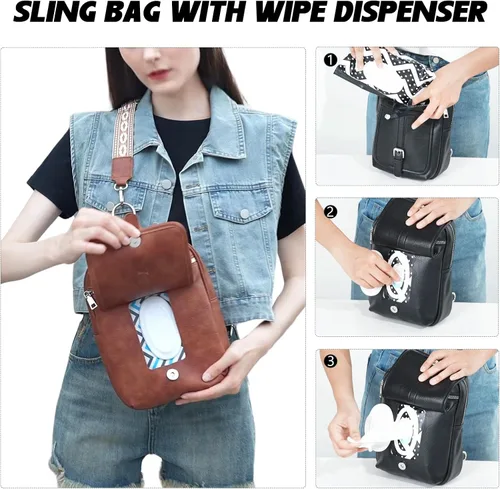 Vista 4 de Bolso Bandolera Mochila Cruzada - 2 en 1 Bolso Cruzado de Cuero Riñonera con 2 Correas Extraíbles Mini diaper bag, Instant Wipes pocket