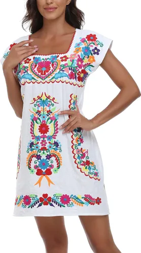 Vista 4 de YZXDORWJ Vestido bordado mexicano sin mangas con cuello de volantes para mujer