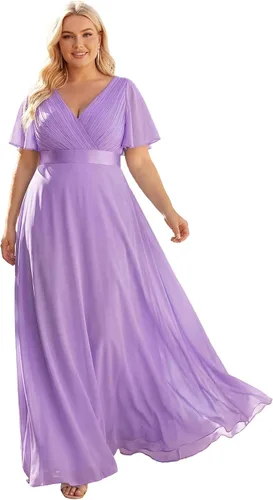 Vista 31 de Ever-Pretty Vestidos formales de noche de gasa para mujer con cuello en V de talla grande para mujeres con curvas, vestido de dama de honor de largo